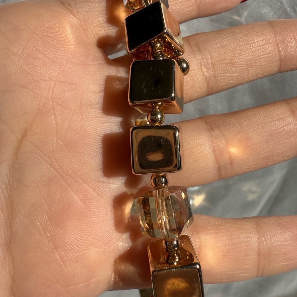 Anthropologie Gold Cube Bead Necklace with Faceted Crystal Accents - Picture 2 of 8